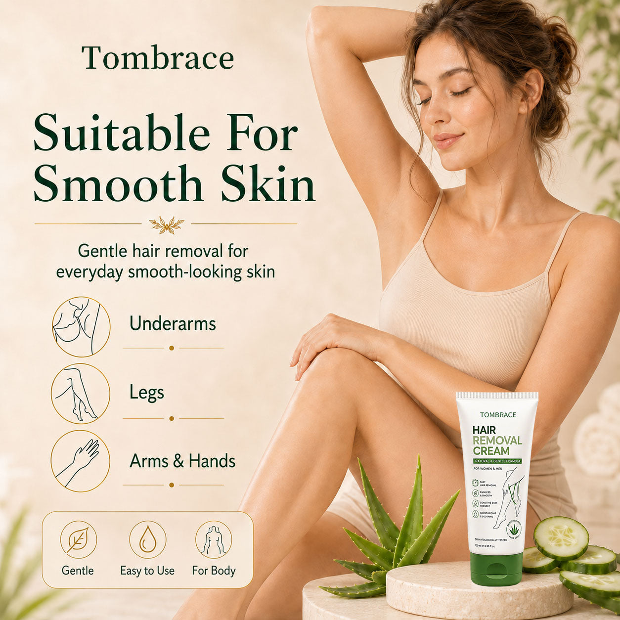 Tombrace Natural Gentle Hair Removal Cream | For Women & Men, Sensitive Skin