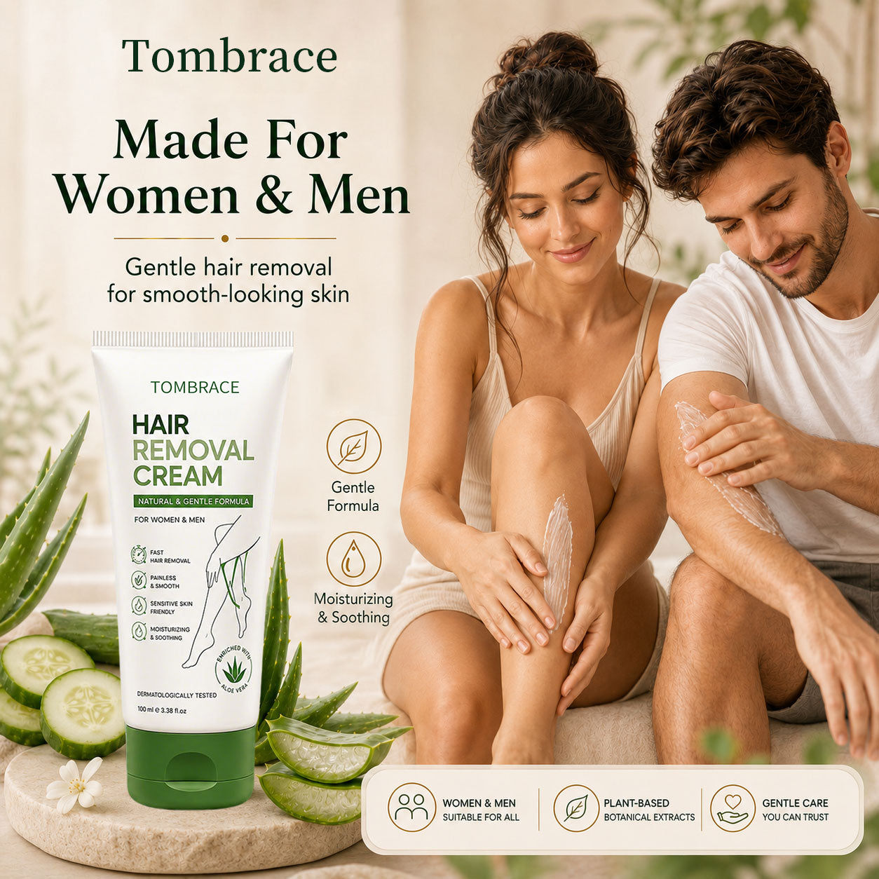 Tombrace Natural Gentle Hair Removal Cream | For Women & Men, Sensitive Skin