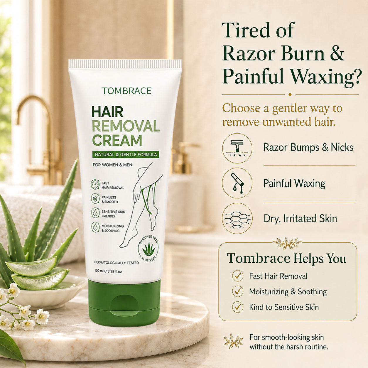 Tombrace Natural Gentle Hair Removal Cream | For Women & Men, Sensitive Skin