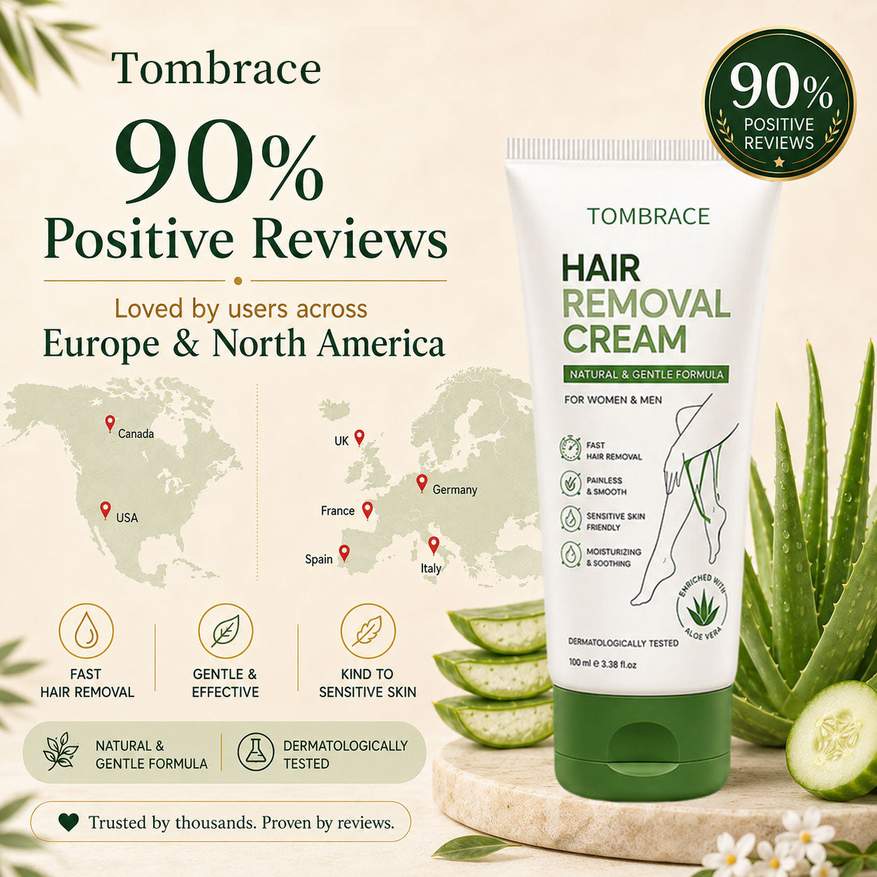 Tombrace Natural Gentle Hair Removal Cream | For Women & Men, Sensitive Skin